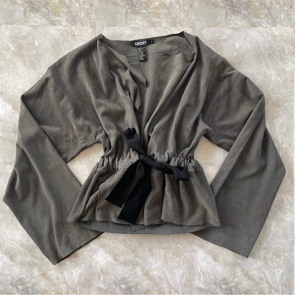 Vintage 90s/00s Rare DKNY Italian Goat Skin Suede Leather Grey Wrap Top
